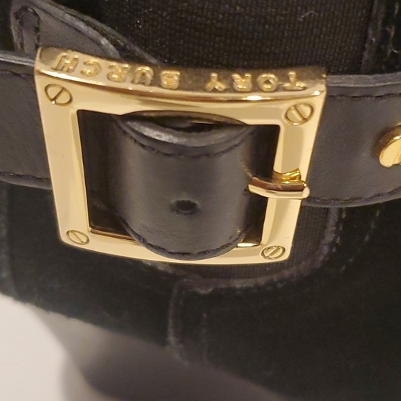 TORY BURCH Black Suede Wedge Booties w Gold Hardware - Picture 2 of 12
